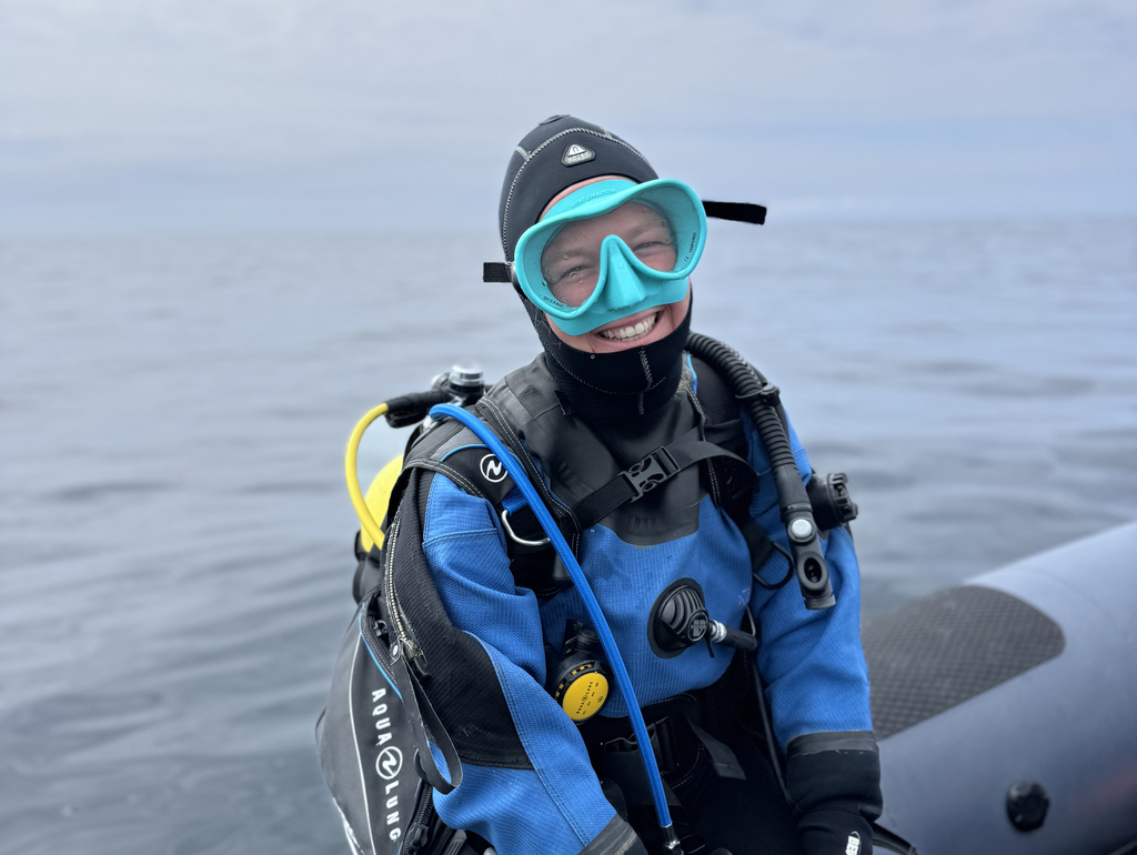 dry suit diver during safety stop in Atlantic waters close to Inishmore, Aran Islands